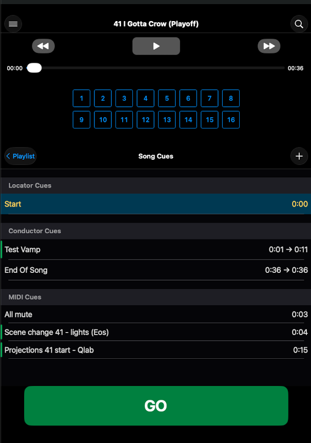ShowPlayer Pro song cues view showing the MIDI Cues section with three rows: 'All mute' (mic automation) at 0:03, 'Scene change 41 - lights (Eos)' (lighting trigger to ETC Eos) at 0:04, and 'Projections 41 start - Qlab' (projection trigger to QLab) at 0:15 — all in the same event list, with a green GO button below.